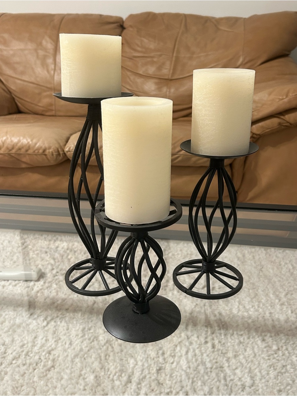Black Metal Twist Pillar Candle Holders with Ivory Battery Candles